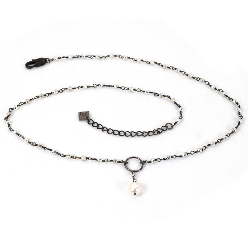 BREE 18 Pyrite Rosary Chain with Baroque Pearl Y Lariat Princess Necklace