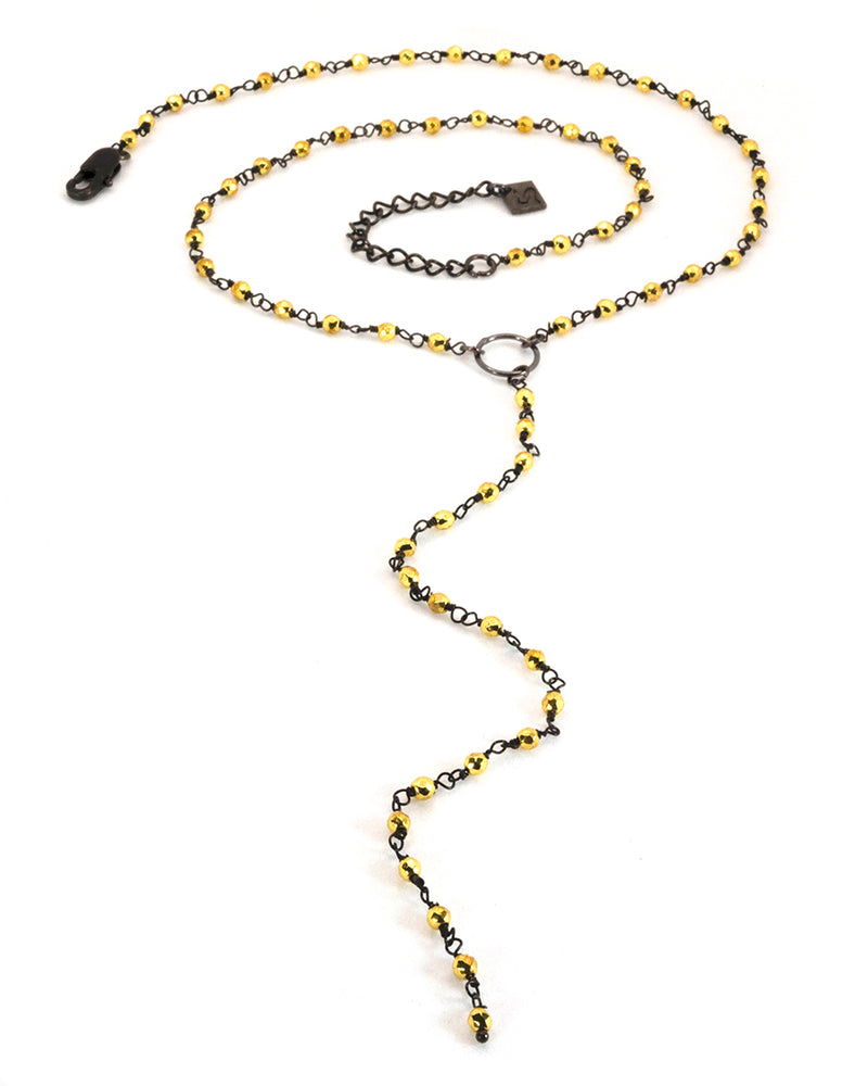 GWYNETH Pyrite Rosary Chain Y Lariat Matinee Necklace