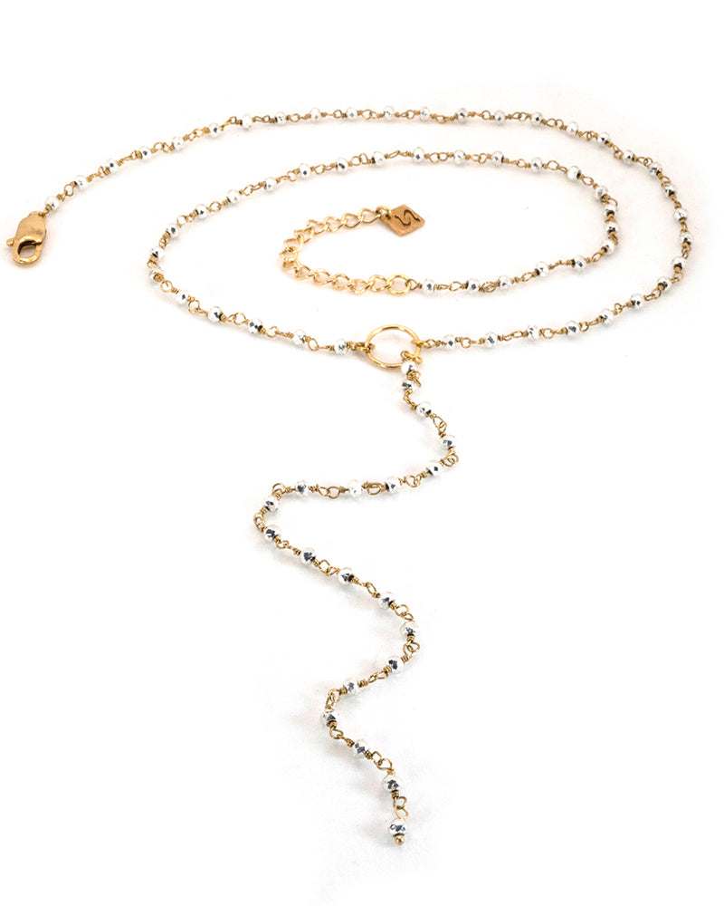 GWYNETH Pyrite Rosary Chain Y Lariat Matinee Necklace