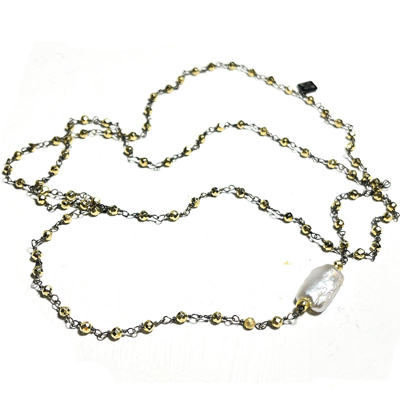 JANET Pyrite Rosary Chain with Exotic Pearl Necklace