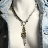 GABRIELLA Pyrite Rosary Chain with Baroque Pearl Y Lariat Matinee Necklace
