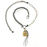 GABRIELLA Pyrite Rosary Chain with Baroque Pearl Y Lariat Matinee Necklace