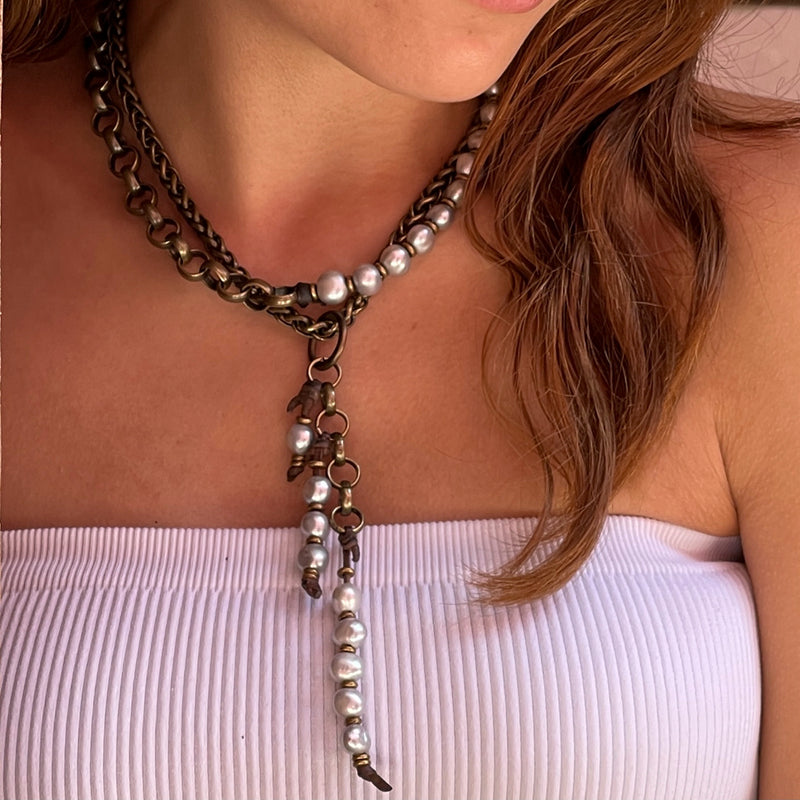 COCO Baroque Pearls Mixed Metals Opera-length Necklace or Double-wrap Choker with Embellished Tassel