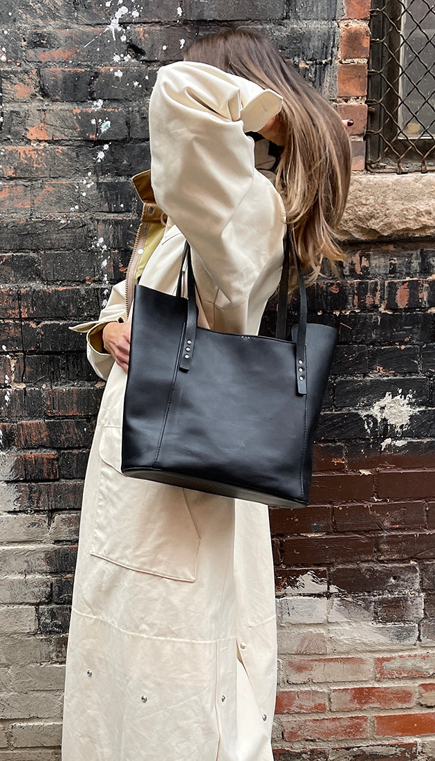  EB Light Grey Leather Tote Bag - Hand Stitched Full
